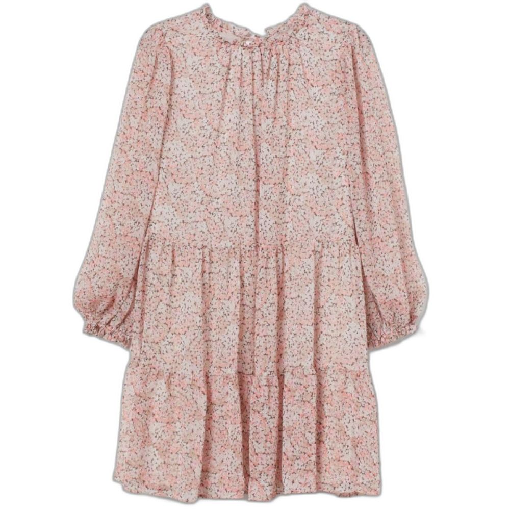 Pink & White Floral Tiered Chiffon Crêpe Puff Sleeve Flowly Mini Dress Ruffle M